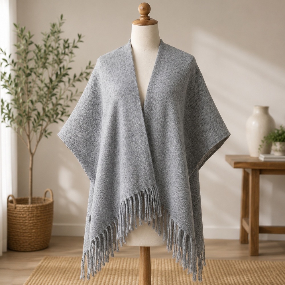 NWT Vince Camuto Poncho‎ Wrap Womens One Size Heather Grey Fringe Knit V464705